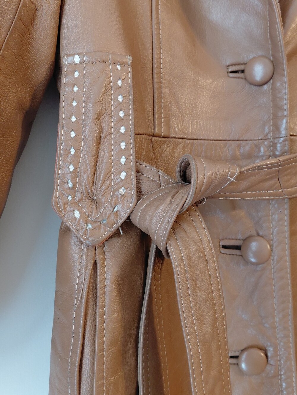 Vintage 60's 70's Pennylane Era Dan Di Modes Tan Leather Trench Coat Belted M - Picture 3 of 16